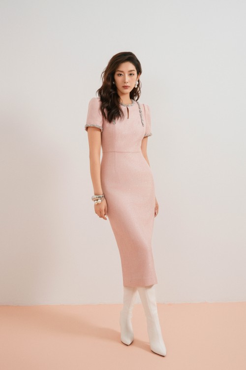 Sixdo Blush Pink Tweed Pencil Dress